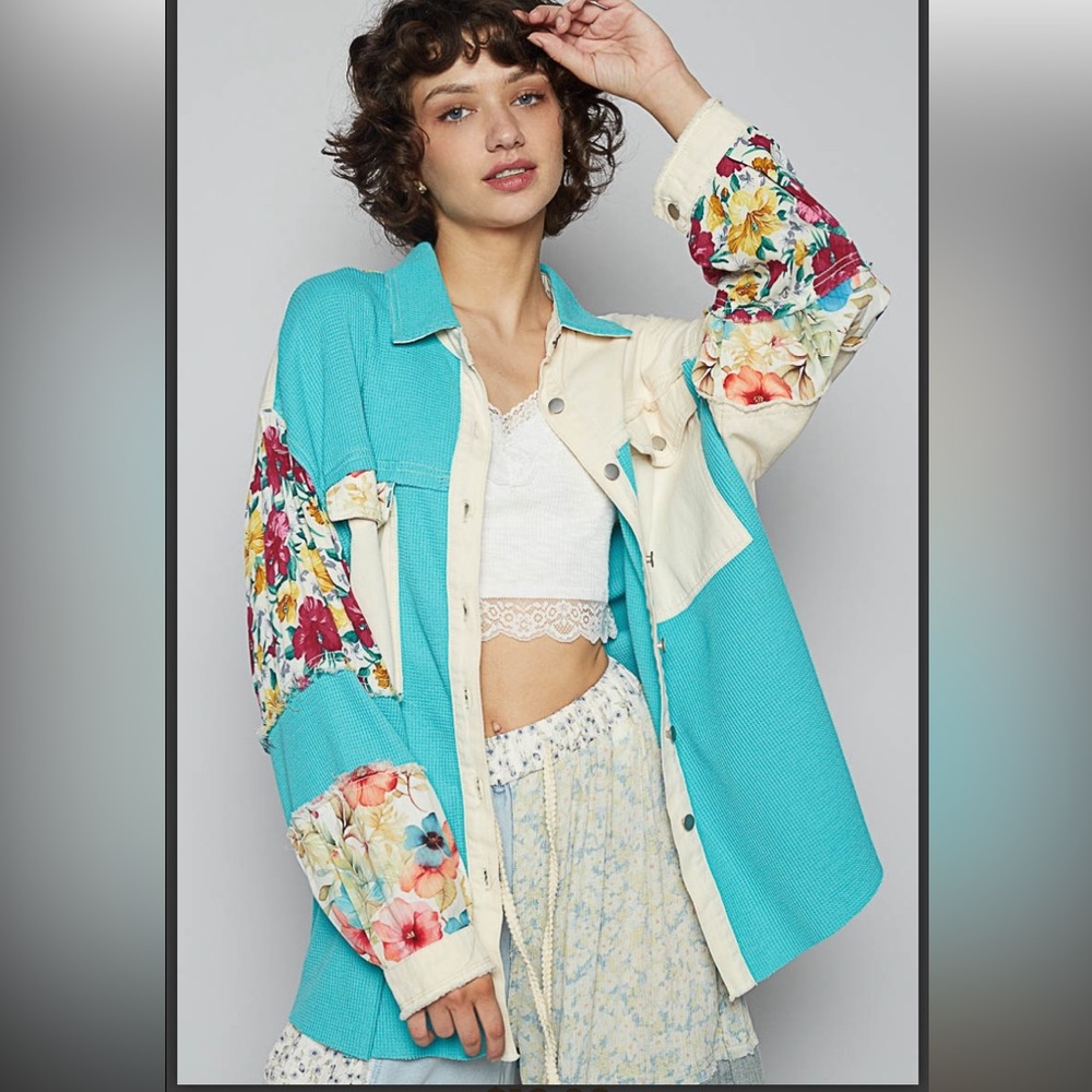 372 🇺🇸POL aqua gauze patchwork detail top cotton  shacket - Picture 3 of 5